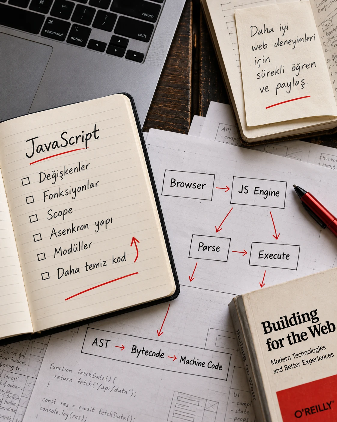 JavaScript notları, kod akış şeması ve kırmızı kalemle dolu bir çalışma masası